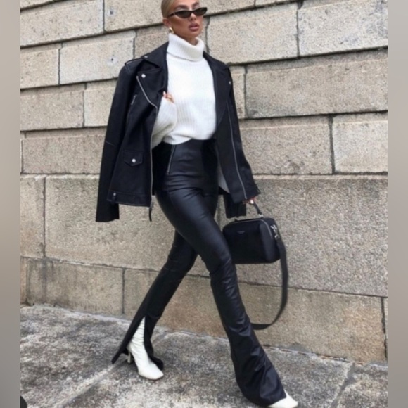 Long Length, High Waist Faux Leather Slit Ankle Zara Pants - Picture 9 of 12